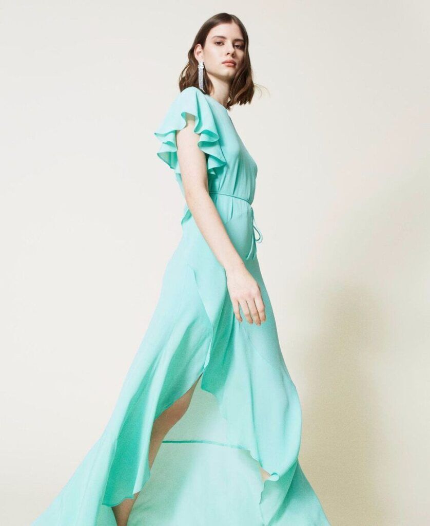 Vestido largo de mezcla de seda con volantes TWINSET