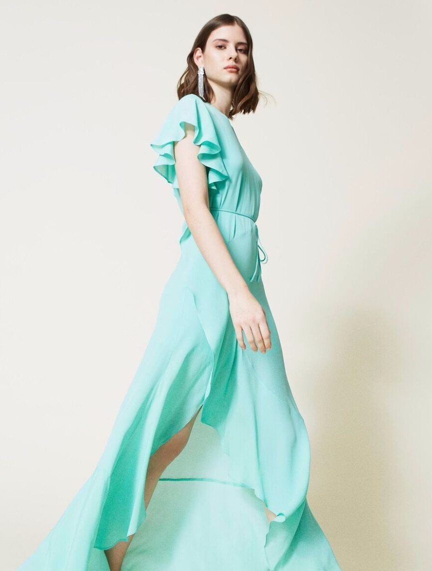 Vestido largo de mezcla de seda con volantes TWINSET