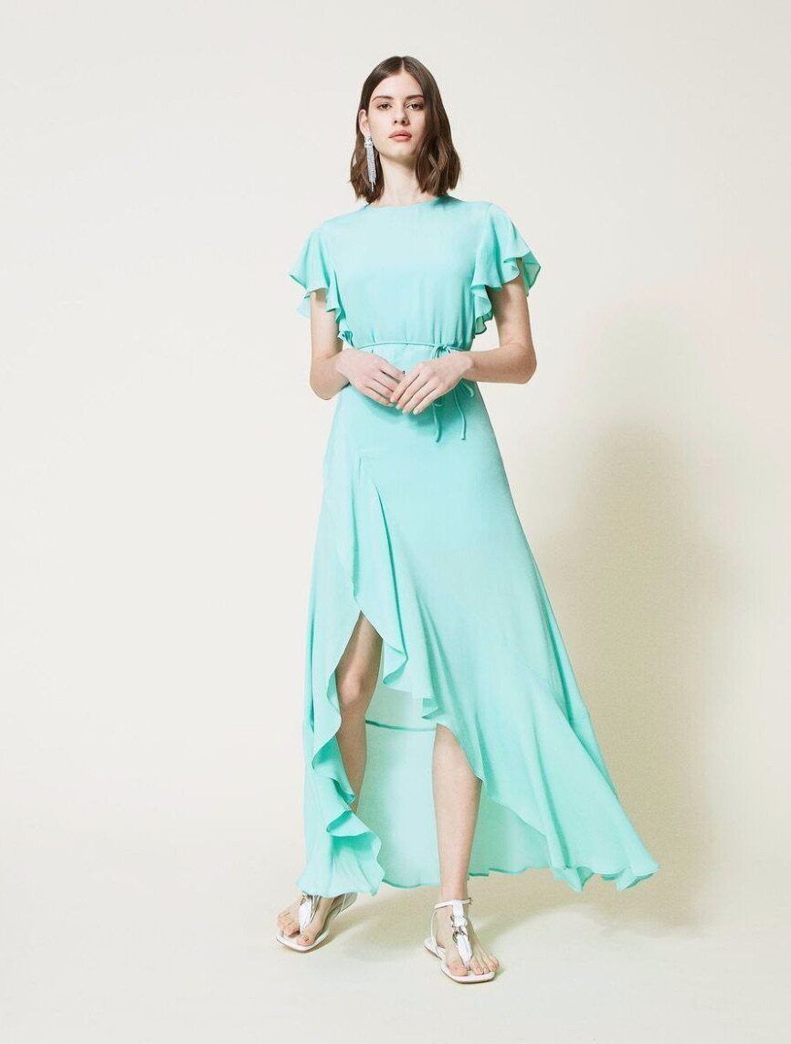 Vestido largo de mezcla de seda con volantes TWINSET