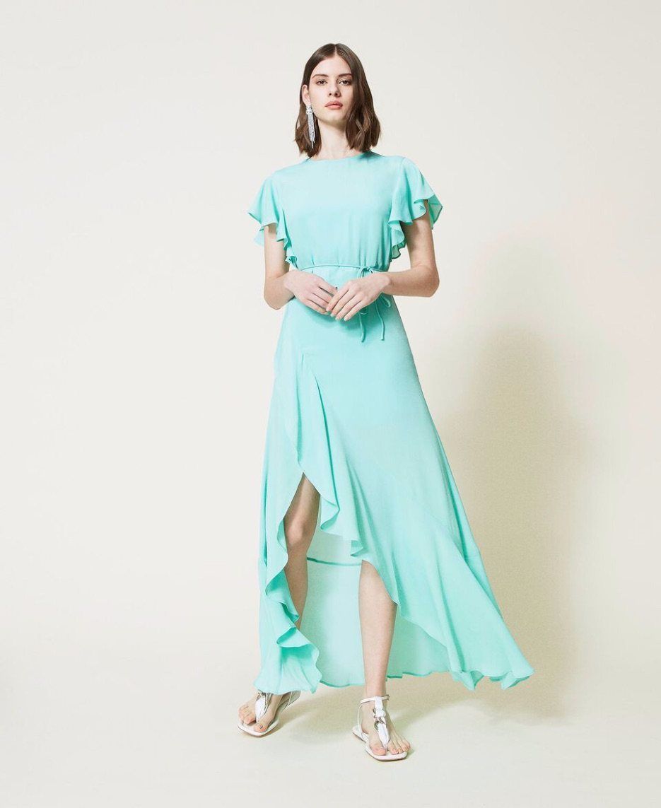 Vestido largo de mezcla de seda con volantes TWINSET