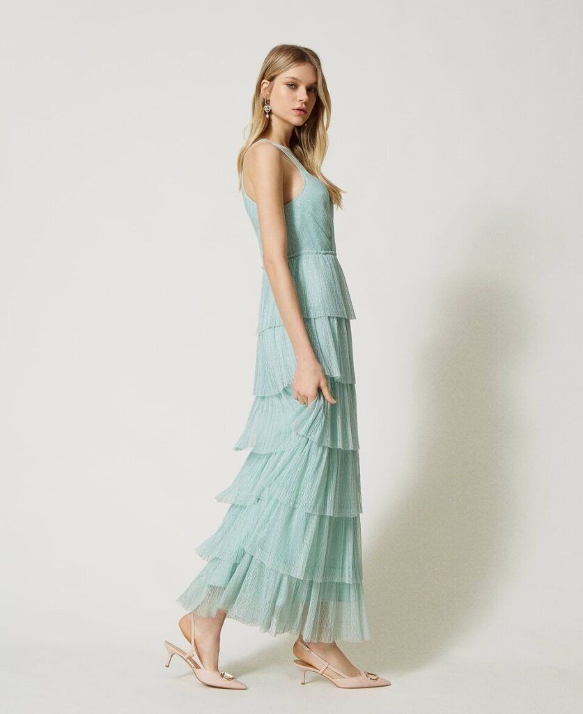 Vestido largo de tul plumetis con volantes TWINSET