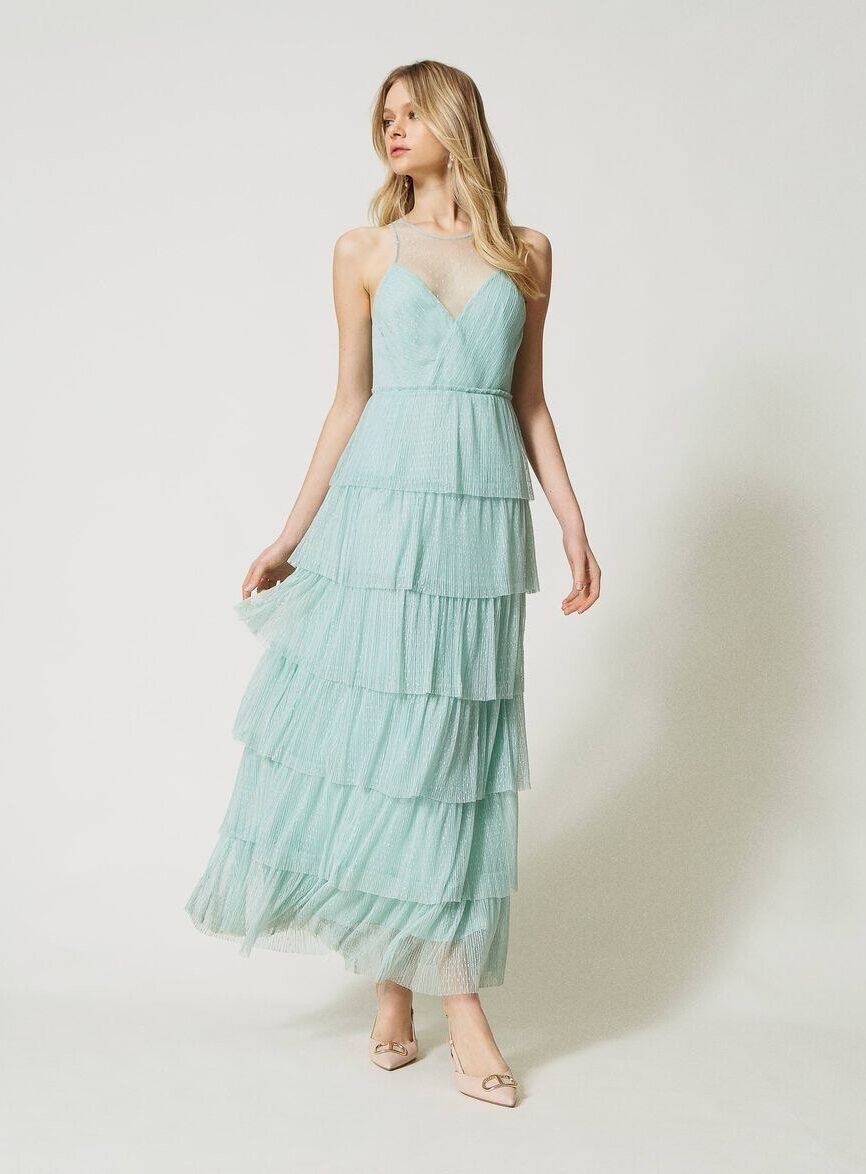 Vestido largo de tul plumetis con volantes TWINSET