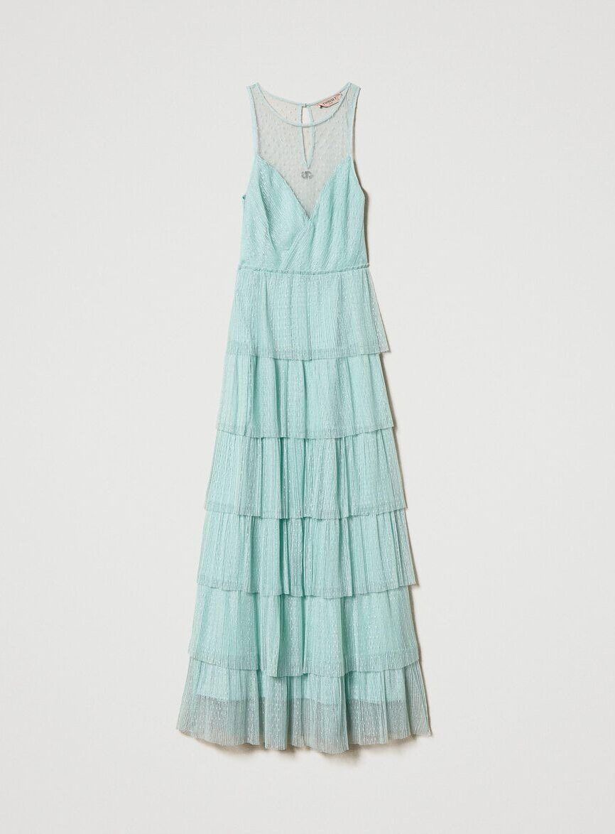 Vestido largo de tul plumetis con volantes TWINSET