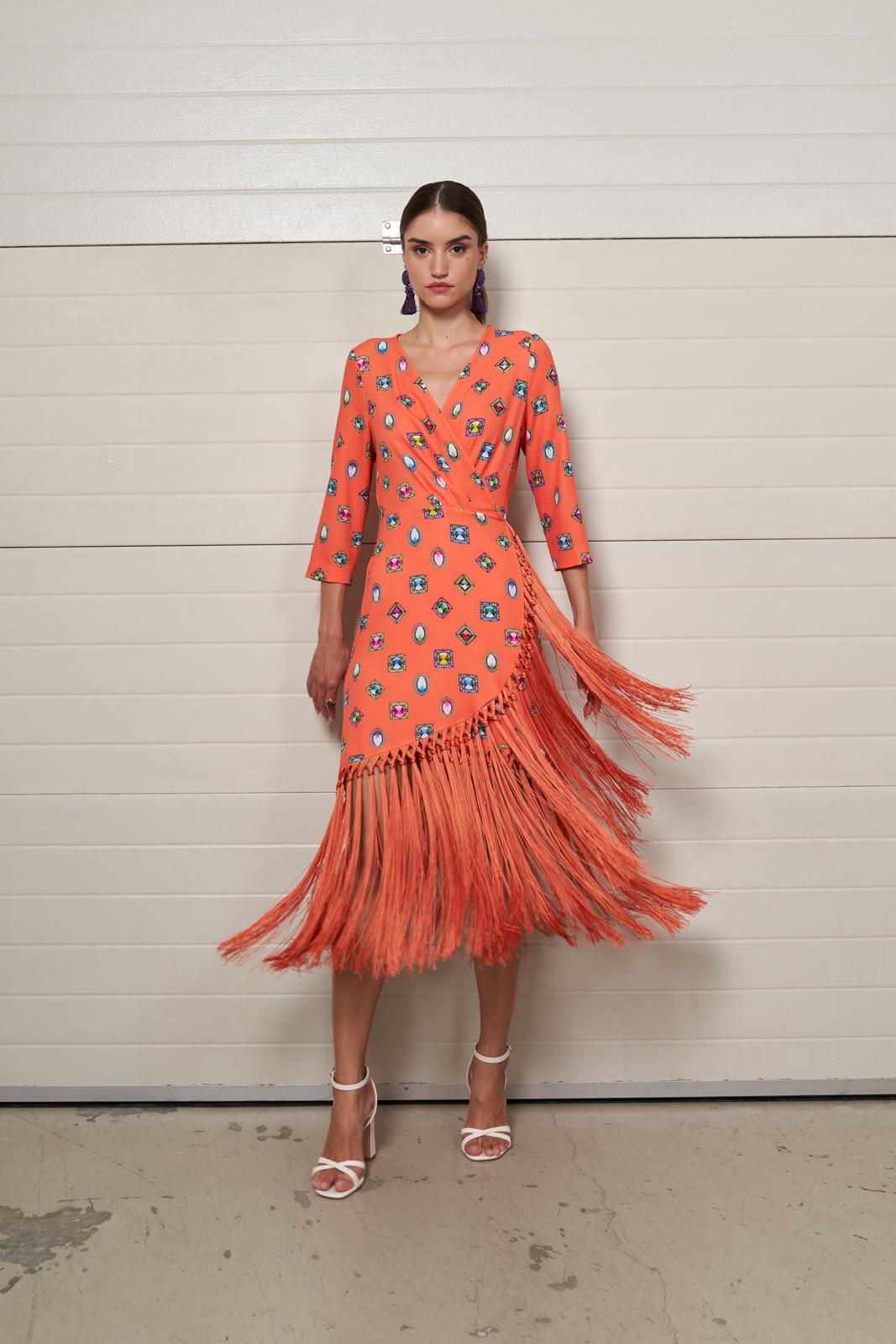 Vestido coral estampado con flecos MOSKADA - Imagen 2