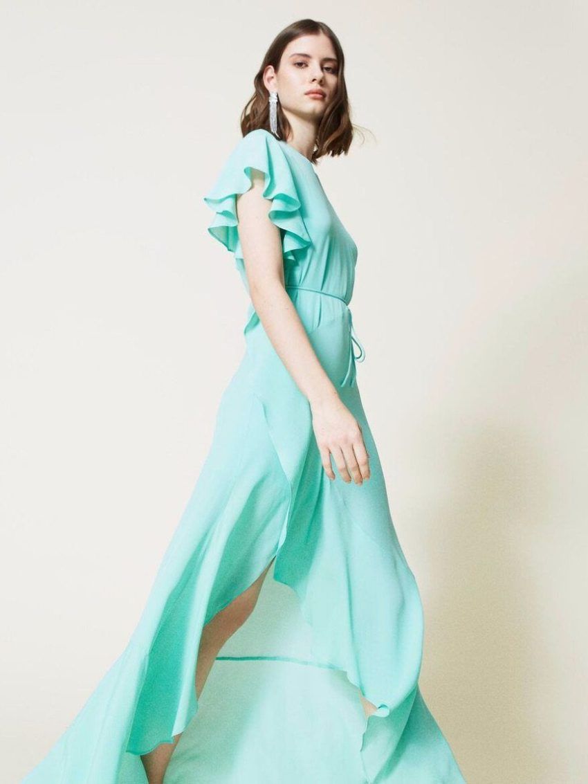Vestido largo de mezcla de seda con volantes TWINSET