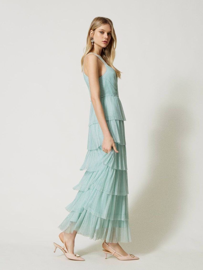 Vestido largo de tul plumetis con volantes TWINSET